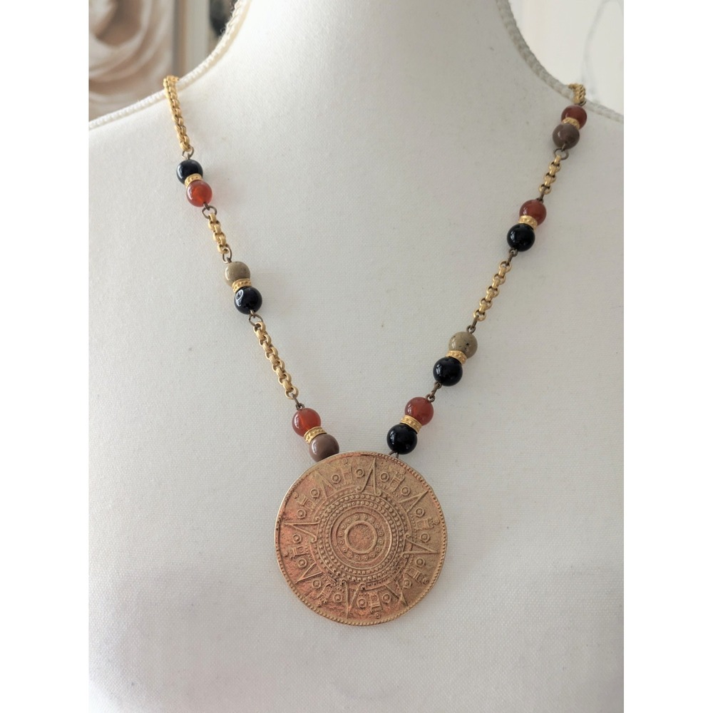 Mayan Calendar Pendant Necklace Gold Tone Ethnic Tribal Aztec Earthy Beads 24"